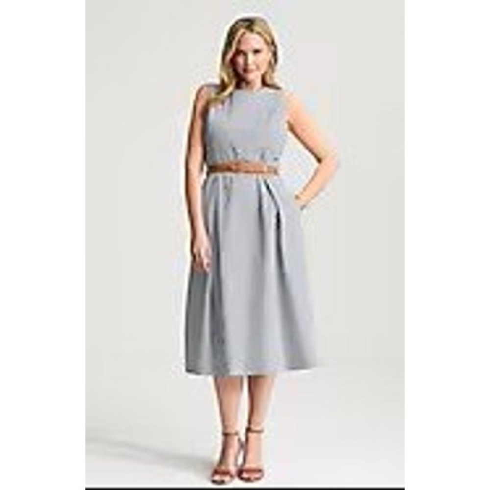J.Jill Pleat-Front A-Line Midi Dress Bayside Blue White Stripe Size M NEW - Picture 1 of 11